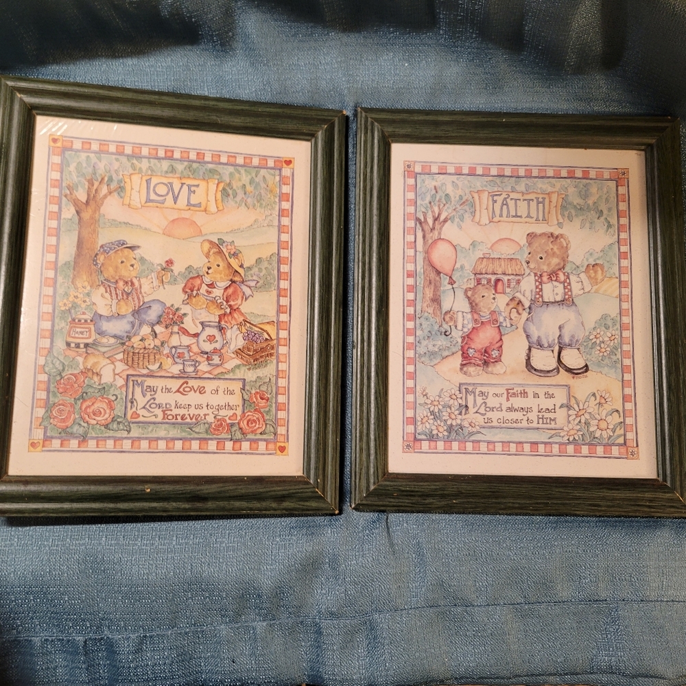 Teddy Bear Art Print Framed Wall Decor Love Faith Cottagecore Green Religious